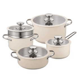 9pcs Stainless Steel Ceramic Coated Pot Set, Including 1 Milk Pot, 2 Stockpots, 1 Non-stick Pan, 4 LIDS And 1 Steamer