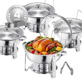 5 Qt 4 Pack Round Chafing Dish Buffet Set Full-Size Pan Stainless Steel Silver (Style: Silvery-Glass Lid, Set: 4 Pcs)